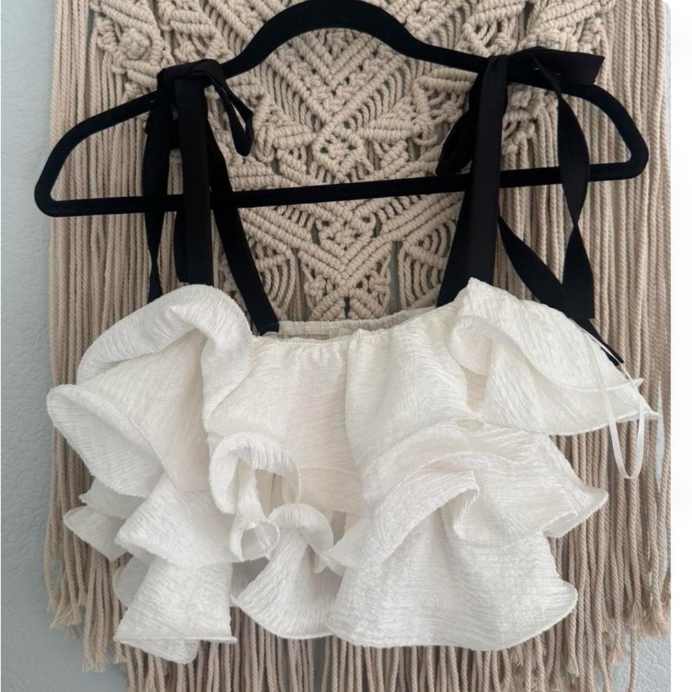 Zara White Ruffle Crop Top with Black Tie Straps